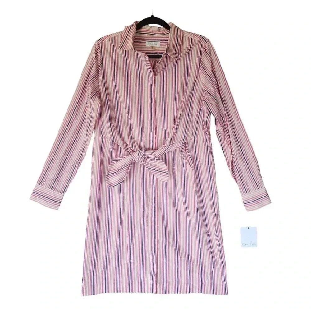 New $129 Calvin Klein Dress Women's Size 12 Pink & Orange Tie Front Striped
